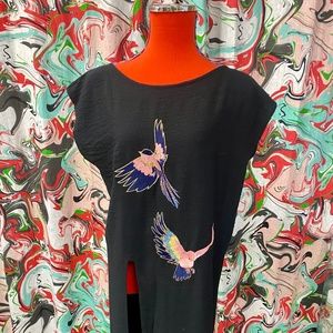 Noemiah brand made in Canada embroidered birds shift smock top with front slit